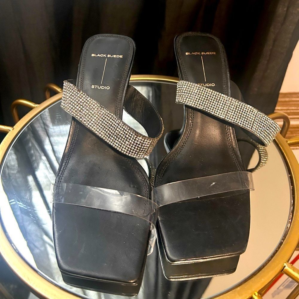 Black Suede Studio Crystal Double Strap Sandals